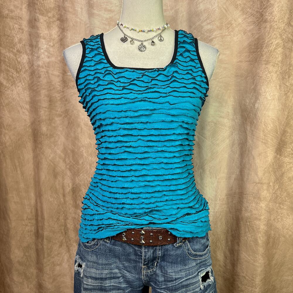 Ruffled Tank Top Blue Black Trim Round Neck Vintage Y2K Indie Sleaze Skater